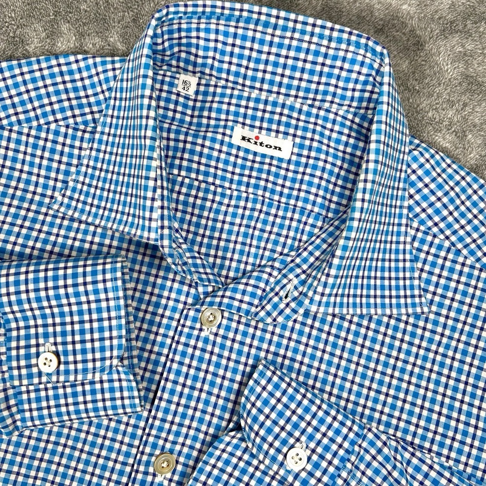 Kiton Blue and White Checkered Dress Shirt